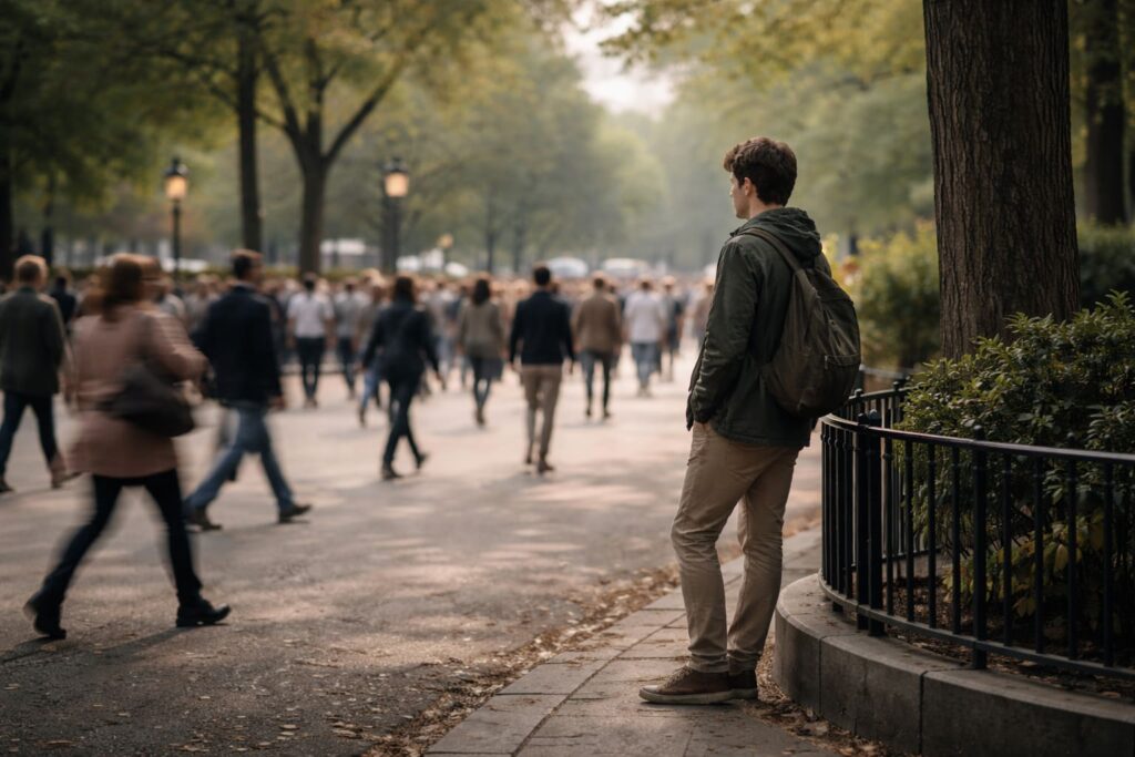 A lone person standing still as others move forward, reflecting the feeling that I feel behind while everyone else seems busy.