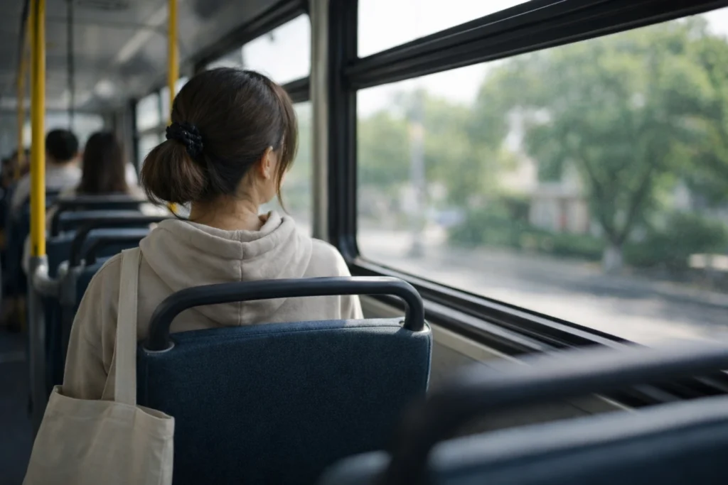 An ordinary moment of a person sitting on a bus, reflecting the feeling when life feels meaningless sometimes.