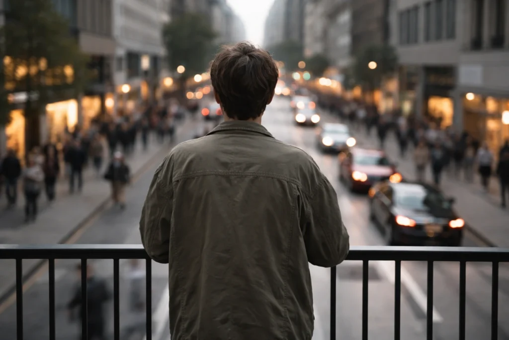 A person standing still while city life moves on, reflecting the feeling that nothing is working out in life.