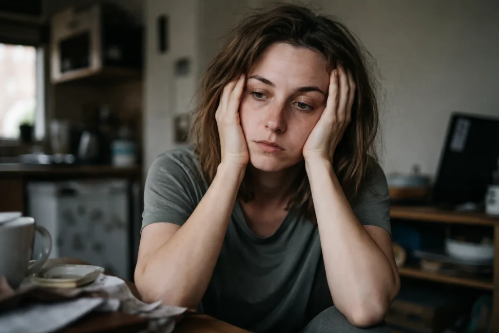 A woman sitting at a table with her head resting in her hands, looking mentally exhausted and overwhelmed.