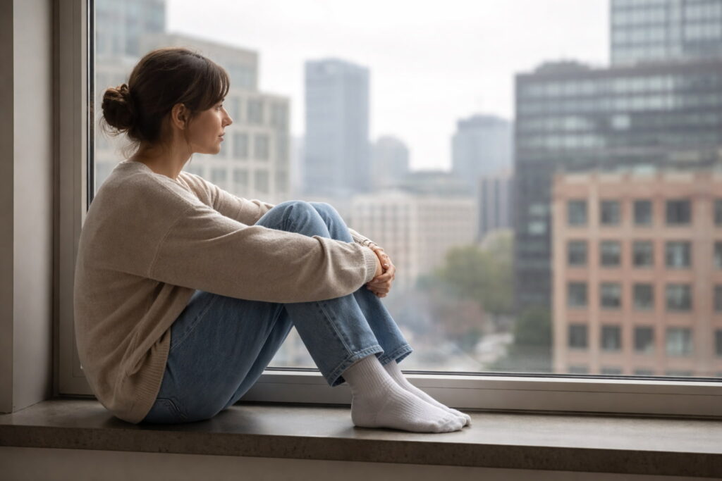 Person sitting quietly, lost in thought, representing the fear of wasting life without knowing what to fix.