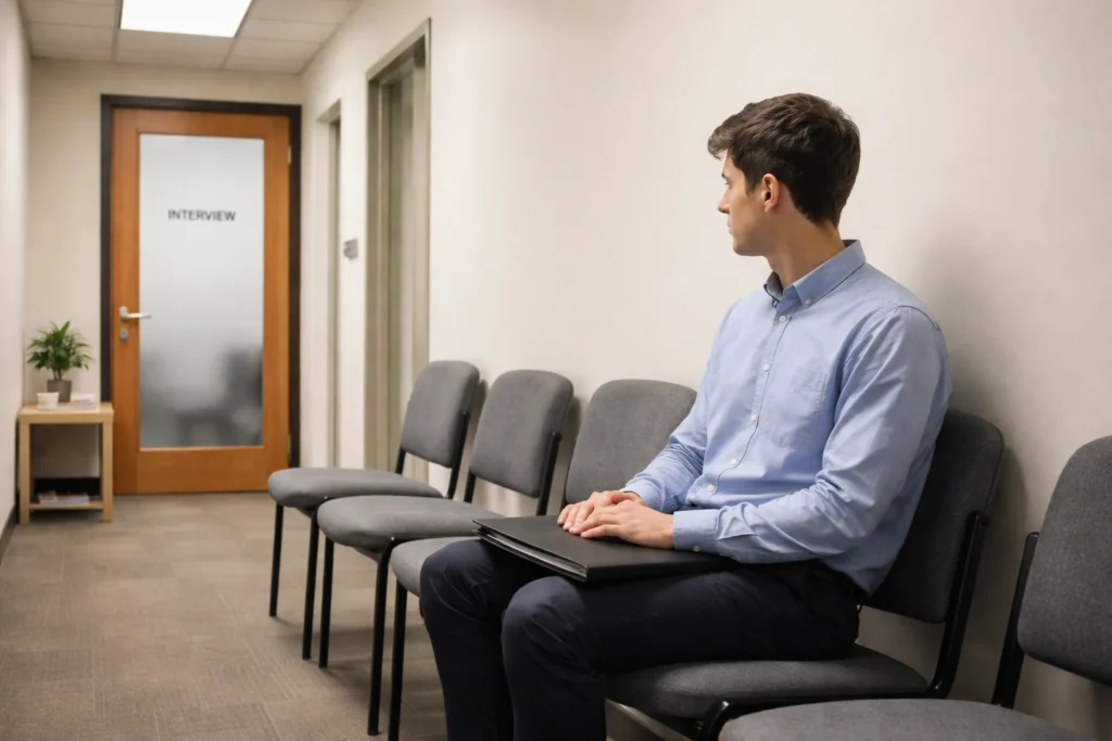 A man waiting outside a job interview room, holding documents, representing how hard work doesn’t always pay off despite preparation and effort.
