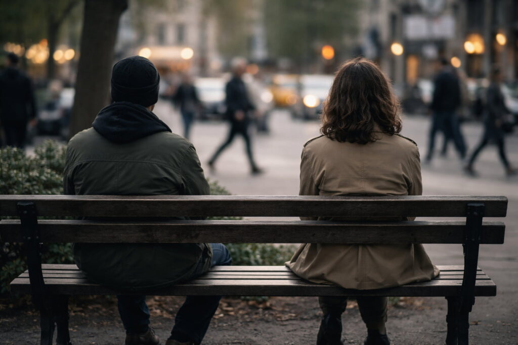 Two friends sitting quietly on a park bench while city life moves around them, reflecting why I feel jealous when a friend succeeds.