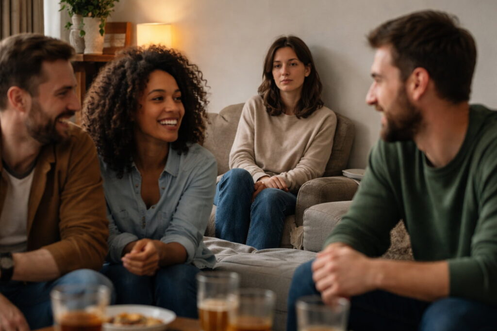 A person sitting quietly while others talk and laugh around them