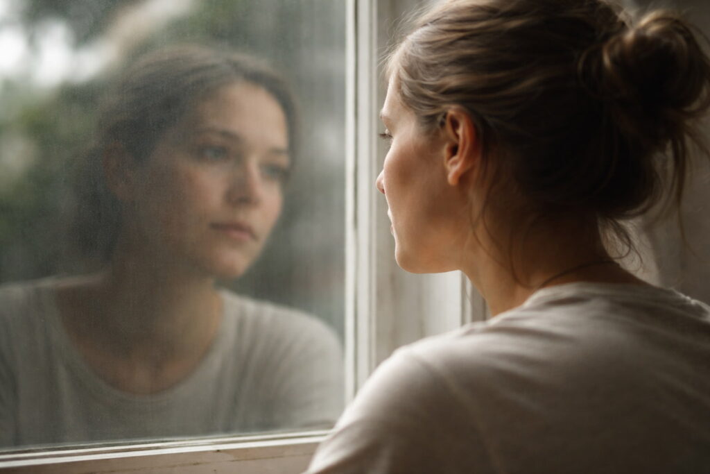 A person quietly looking at their reflection in a window, capturing why I’m not comfortable with my face.