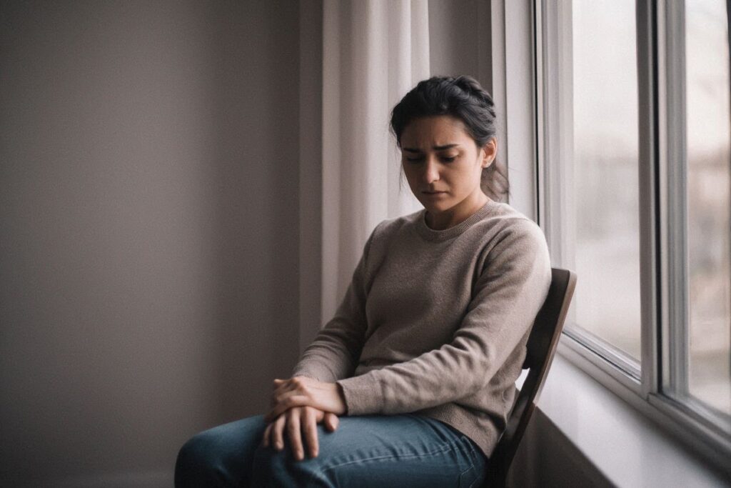 A person sitting quietly near a window in natural light, hands resting, capturing a moment where waiting feels heavy and time seems to pause
