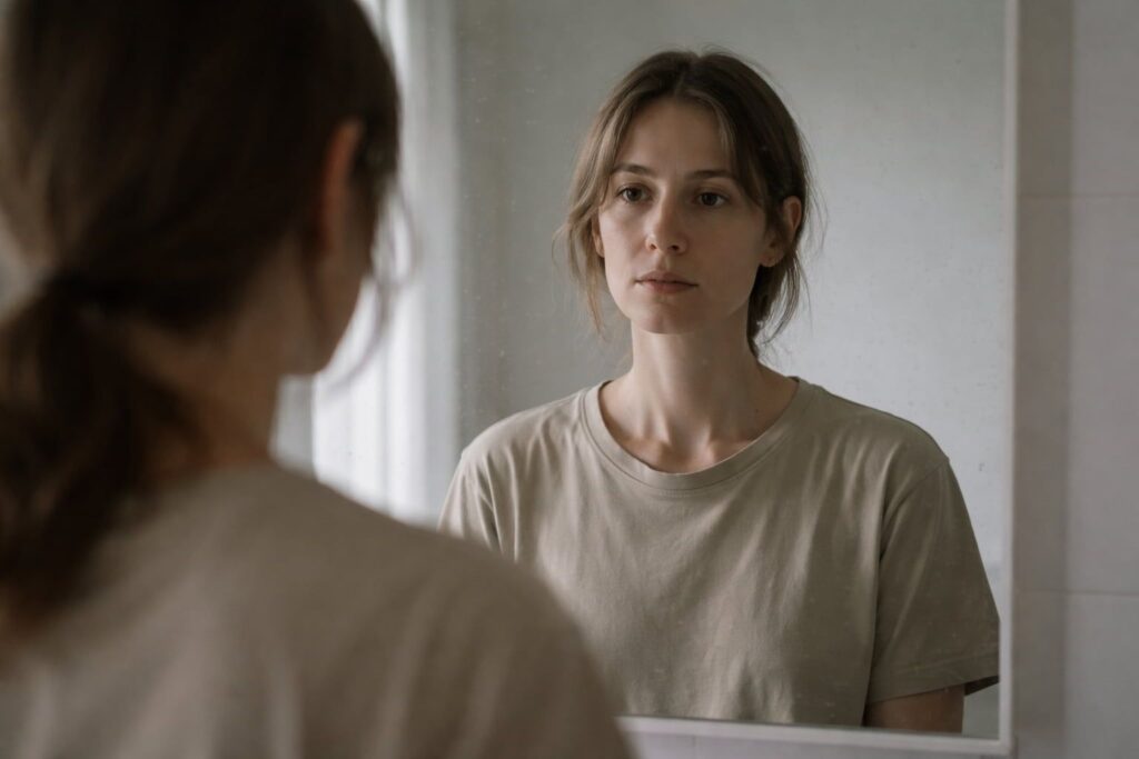 A person looking at their own reflection in a mirror with a neutral expression, familiar yet distant