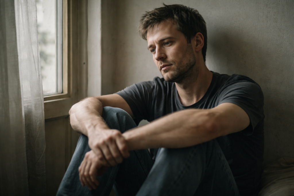 A person sitting alone near a window, feeling like a loser due to self-doubt, mental exhaustion, and low confidence.