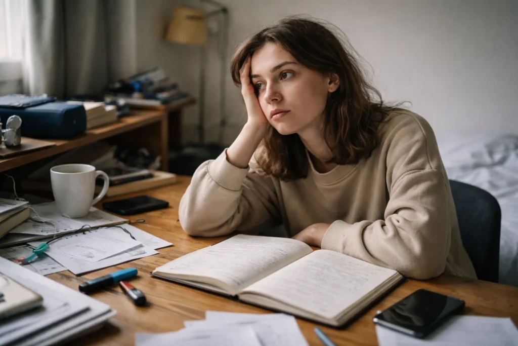 person struggling to focus while studying due to mental overload