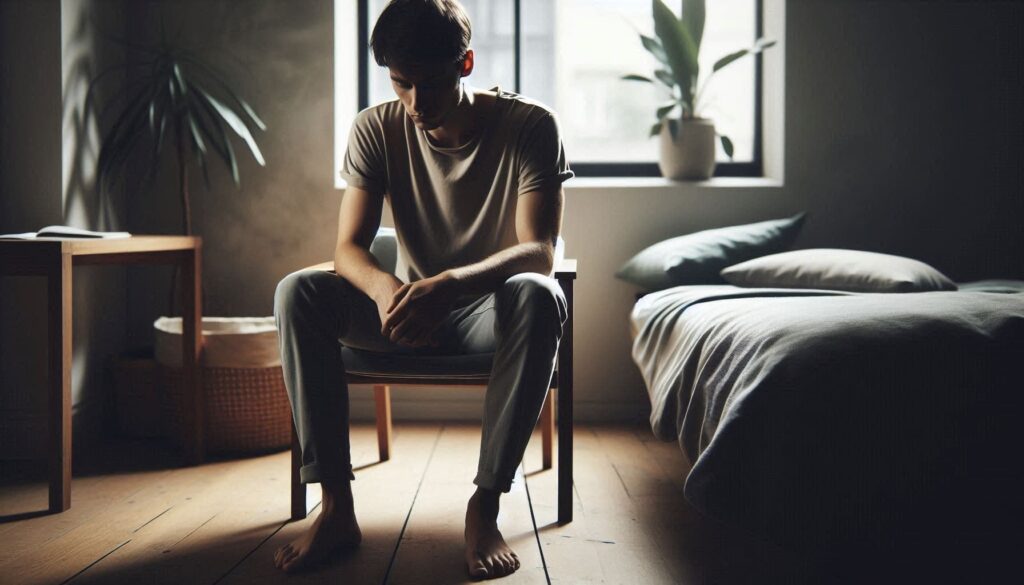 A person sitting quietly in a chair during rest, showing how rest doesn’t feel like rest due to hidden mental pressure.