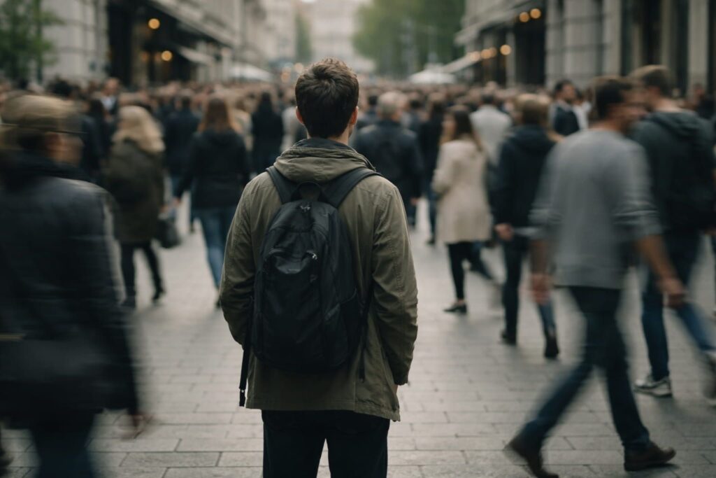 A person standing still as crowds move ahead, expressing the fear of falling behind that feeds jealousy when friends succeed.
