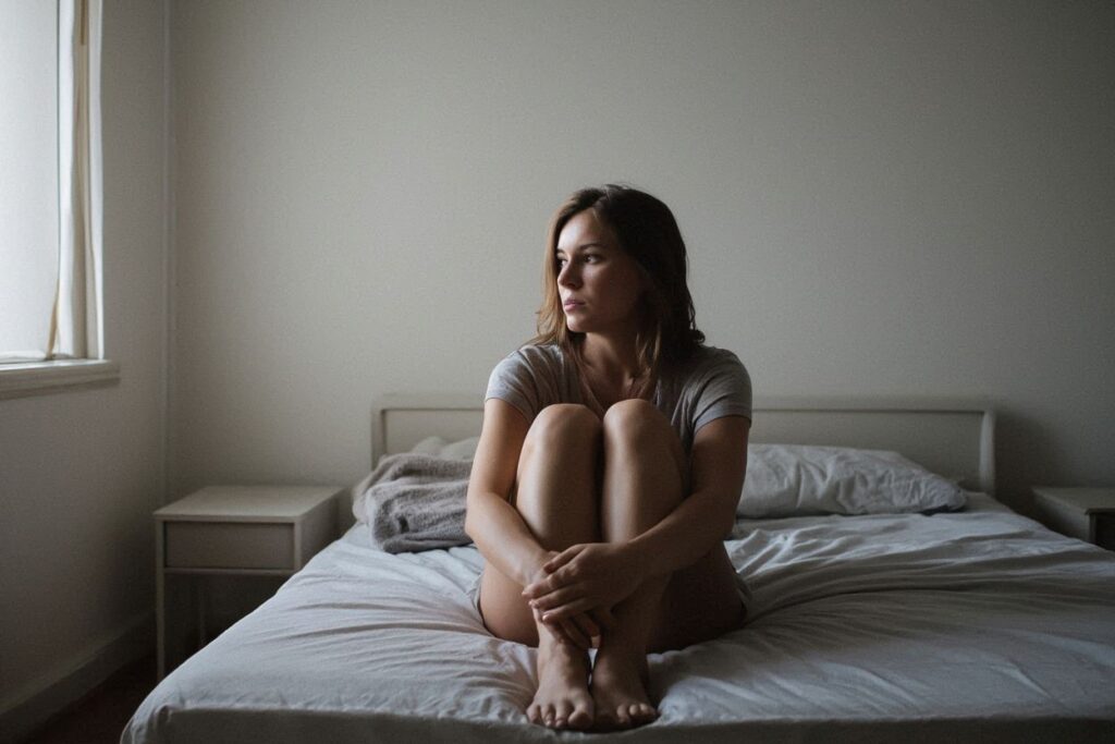 Person sitting quietly at home during the day, feeling lazy even when doing nothing