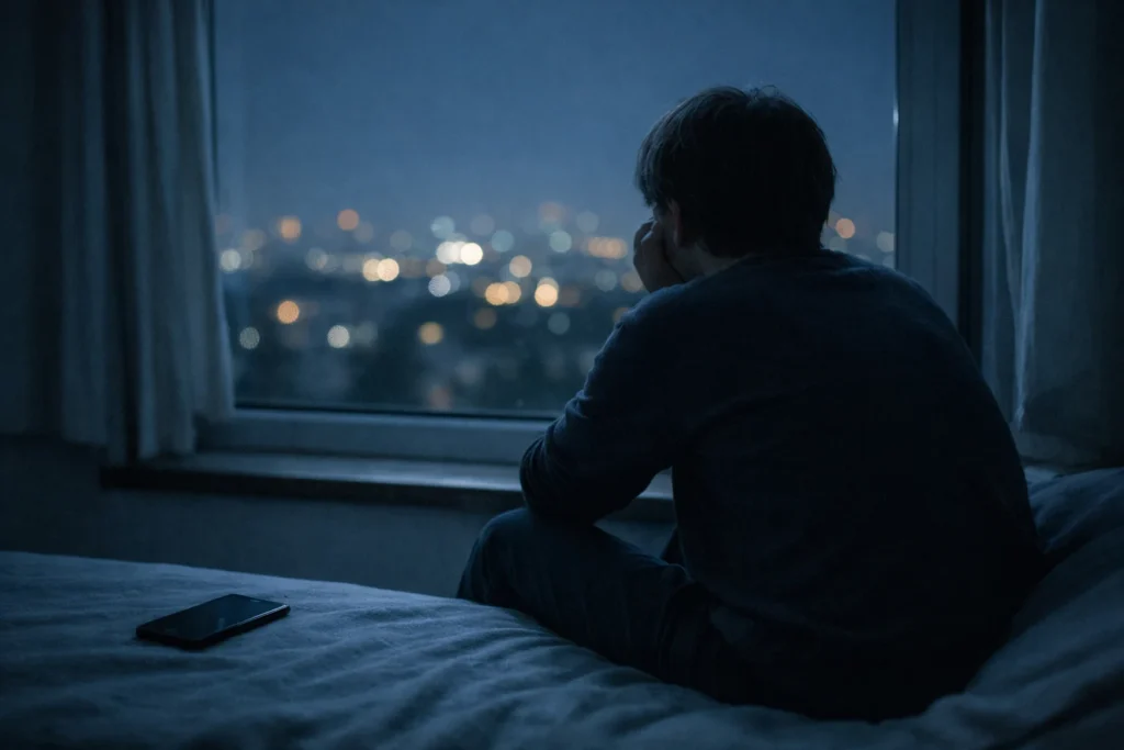 A person sitting alone at night, quietly dealing with the feeling that motivation doesn’t last.