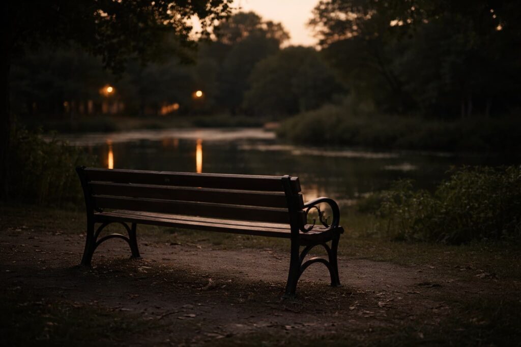 An empty bench along a quiet park path in the evening, a moment where old memories come back.