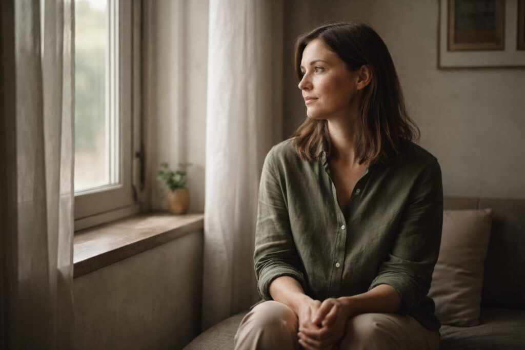 A person sitting quietly by a window, lost in thought in a calm indoor space, reflecting on why I go quiet around people.