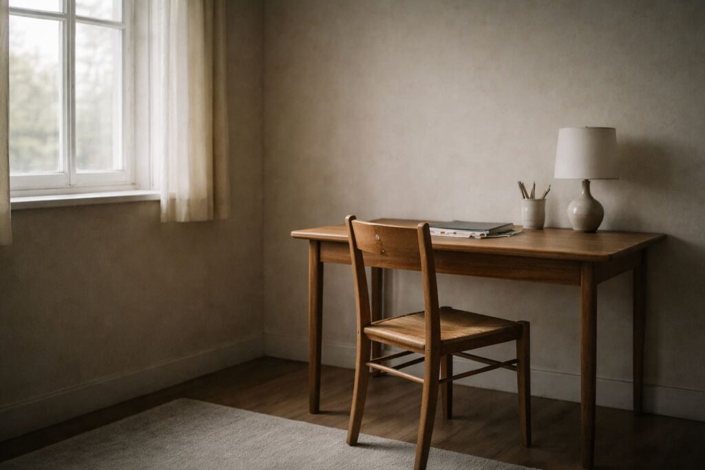 A quiet, minimal desk and chair in soft natural light, showing how structure can exist even when nothing is required.