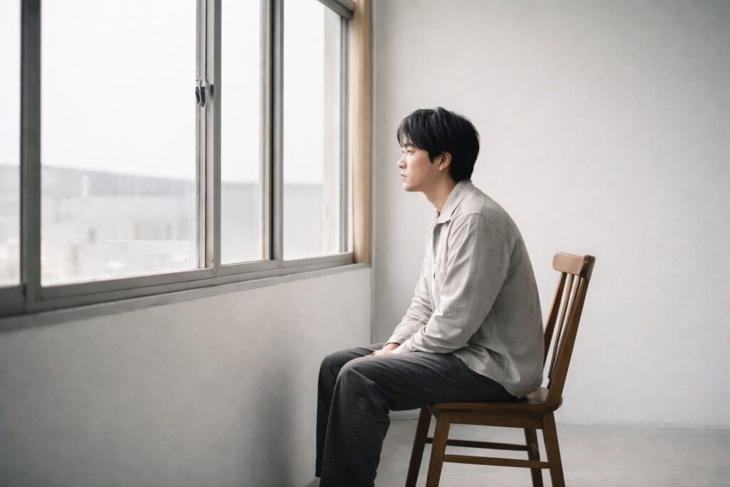 A person sitting still near a window, capturing how days without plans can feel heavy and directionless.