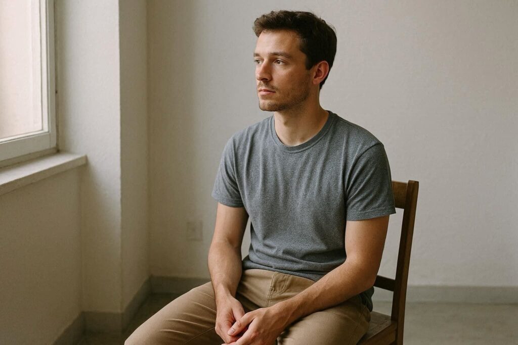 A person sitting still in a quiet space, eyes unfocused, reflecting a moment where the mind keeps searching for a signal while waiting feels heavy