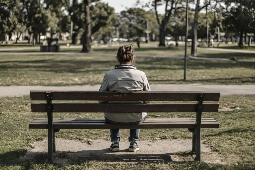 A person sitting alone on a park bench, thinking about someone in a quiet moment