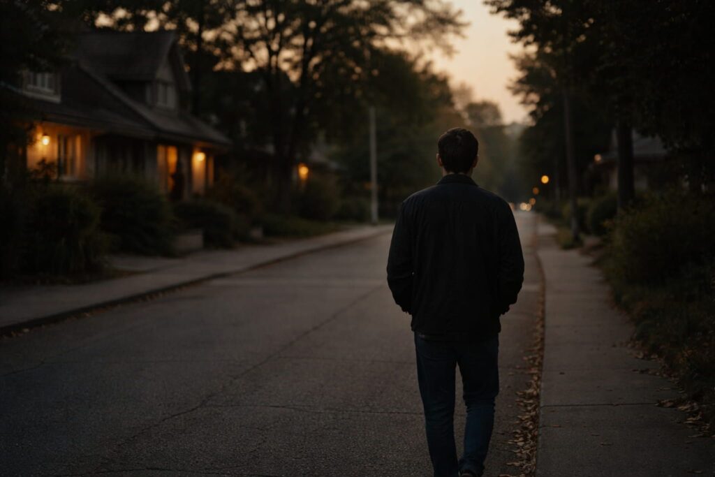 A person walking alone on a quiet street at dusk, seen from behind, with soft evening light and empty surroundings.