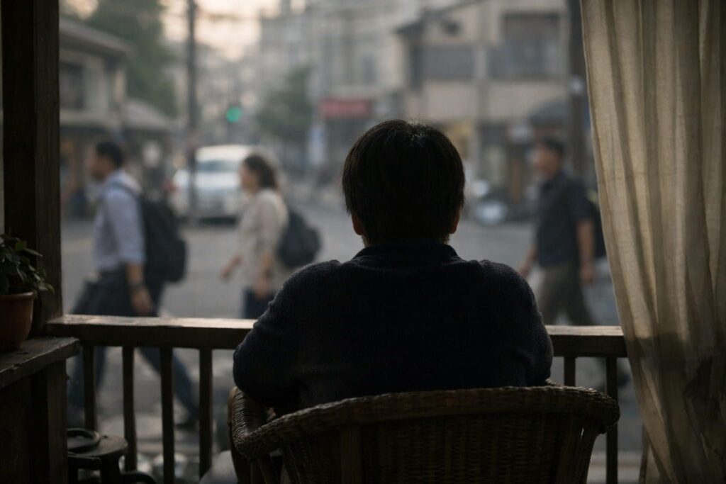 A person sitting on a home balcony, watching people head to work on the street outside, reflecting a contrast in direction rather than success.