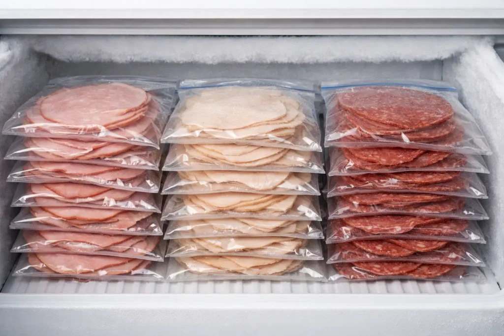 Deli meat stored in airtight bags in the freezer