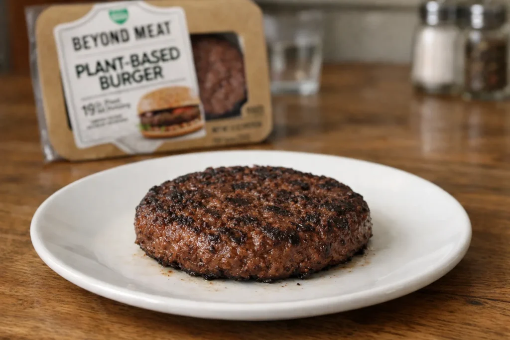 Cooked Beyond Meat plant-based burger patty served on a plate with product packaging in the background