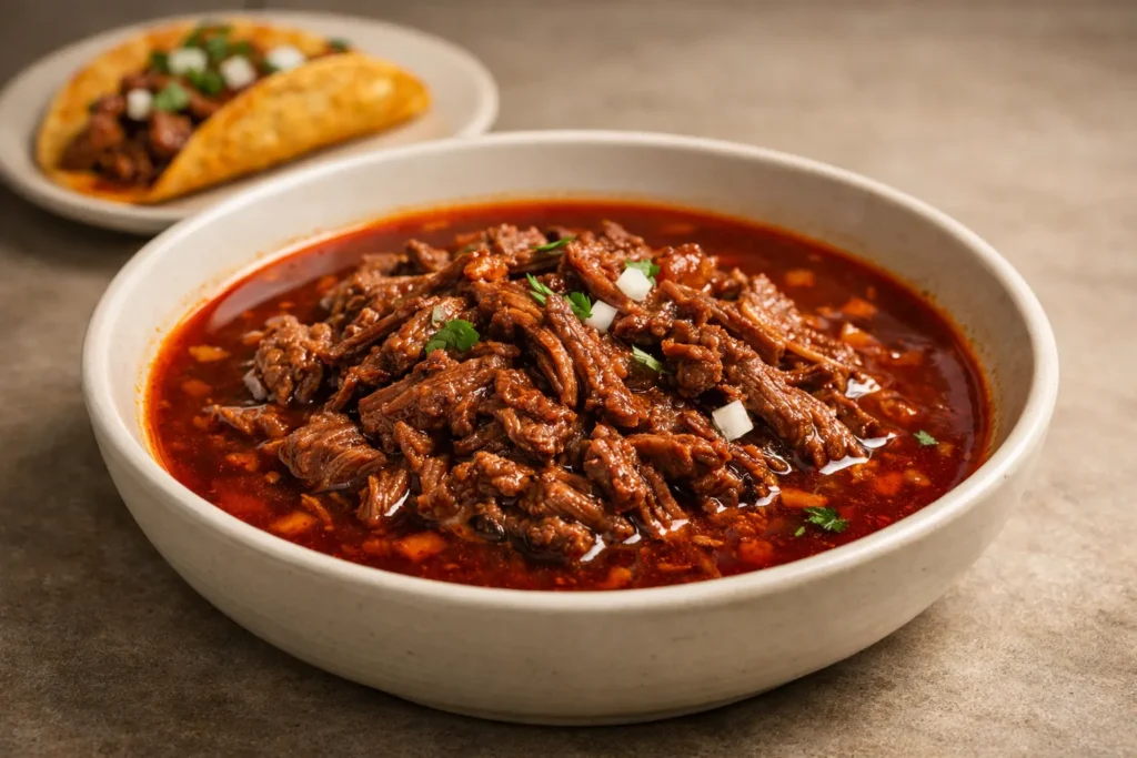 Birria meat slow-cooked and served in a rich red broth