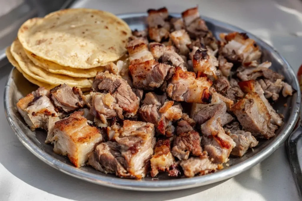 Carnitas meat made from pork shoulder with crispy edges