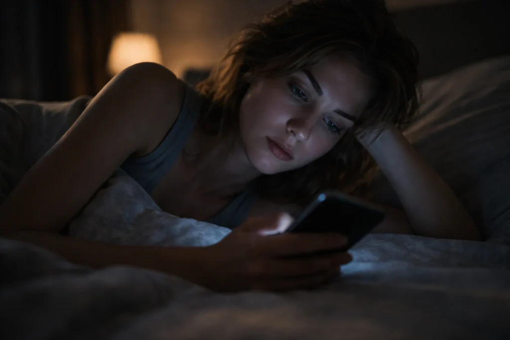 Woman lying awake at night checking her phone, showing emotional attachment and anxiety while waiting for a reply