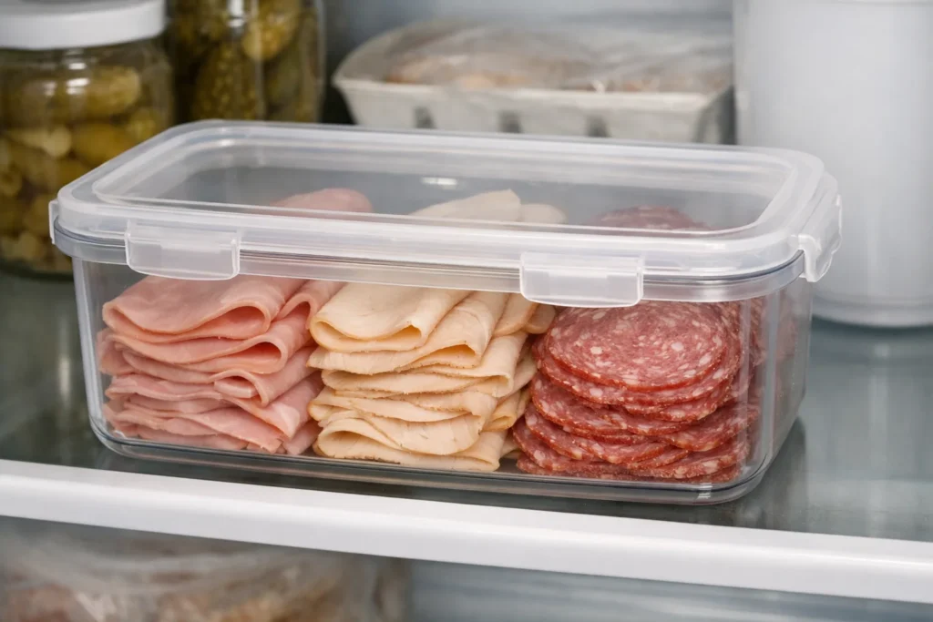 Sliced deli meat stored in an airtight container in the refrigerator