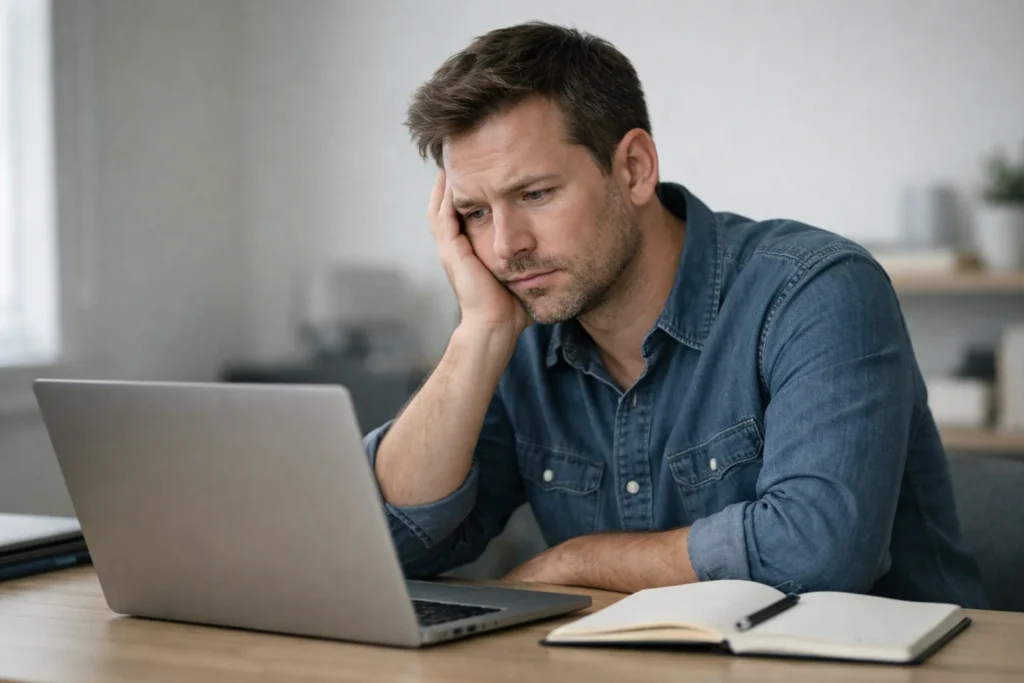 How to stop procrastinating when you feel overwhelmed, shown by a person sitting at a desk feeling mentally stuck while working on a laptop.