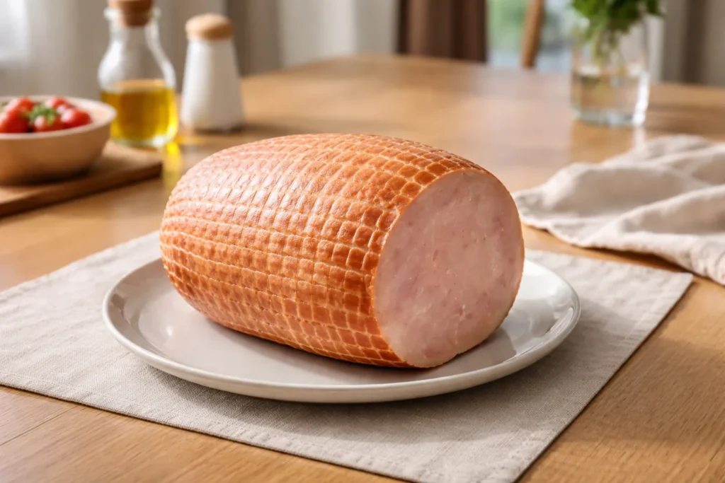 Whole processed deli meat shown on a dining table for everyday eating