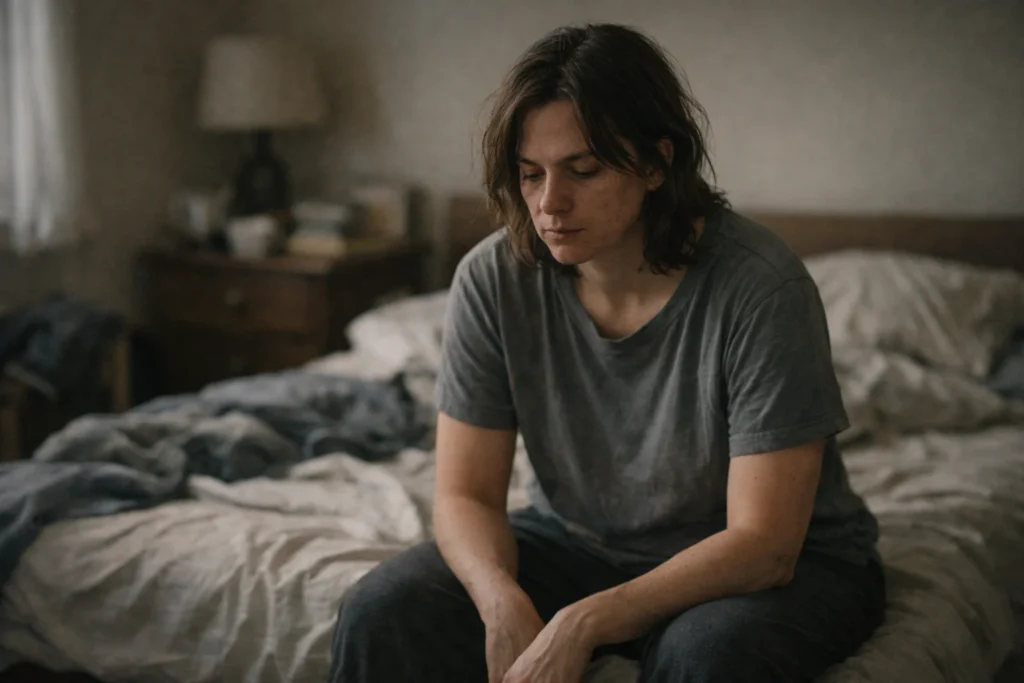 Resting all day makes me feel more tired, person sitting on bed with low energy and mental fatigue.