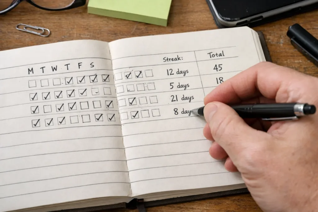 The hidden cost of constant self-improvement shown through a habit tracker with checked boxes, streak counts, and performance totals.
