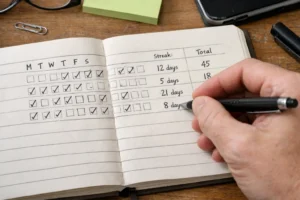 The hidden cost of constant self-improvement shown through a habit tracker with checked boxes, streak counts, and performance totals.