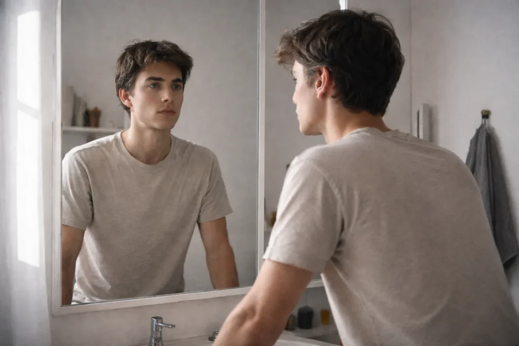 The psychology behind the pressure to improve, showing the hidden cost of constant self-improvement through self-judgment in a mirror.