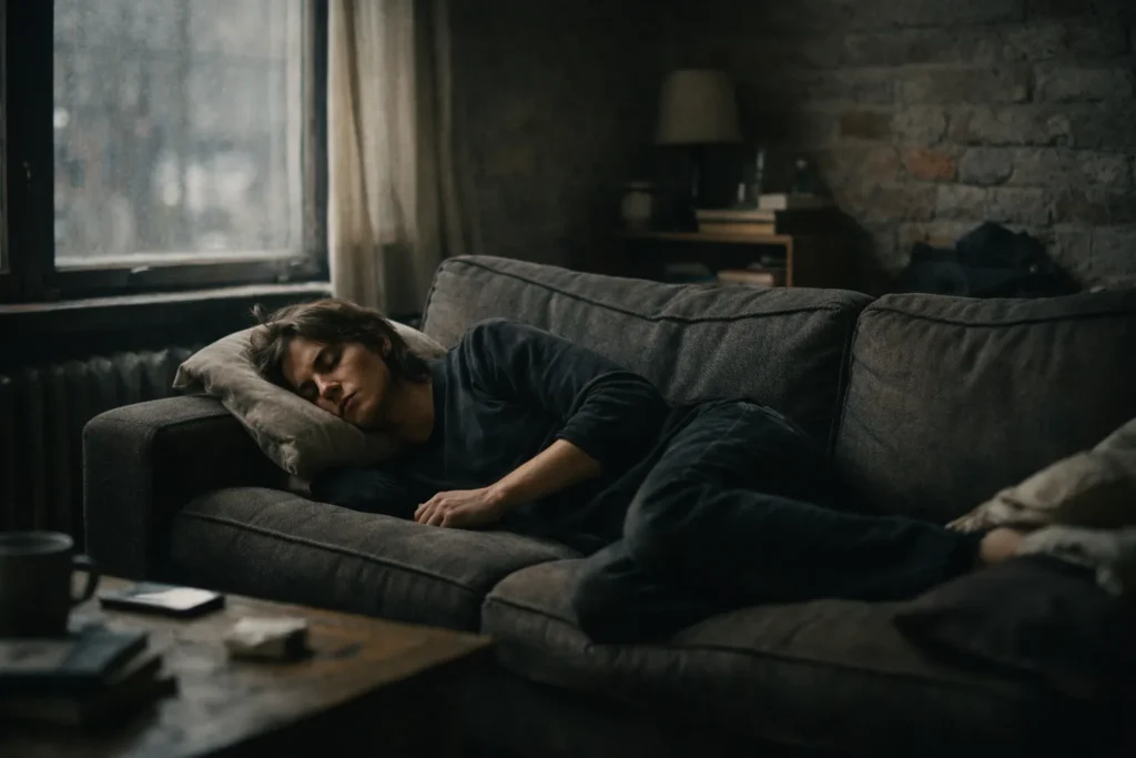 Resting all day makes me feel more tired, person lying on couch showing low energy and mental fatigue.