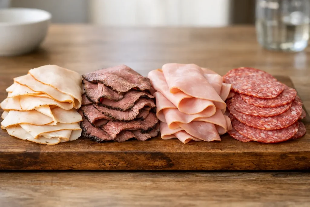 Comparison of turkey, roast beef, ham, and salami for healthiest deli meat ranking