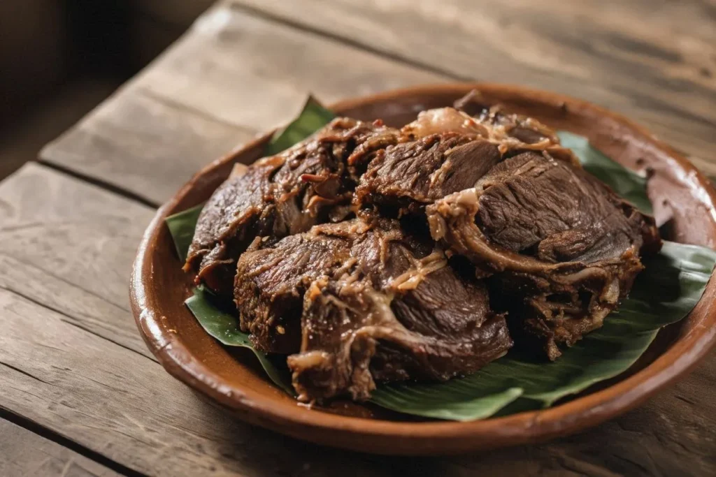 Slow-cooked Mexican barbacoa beef served on banana leaves