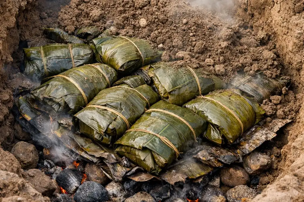 Traditional Mexican barbacoa meat cooking method using an underground pit