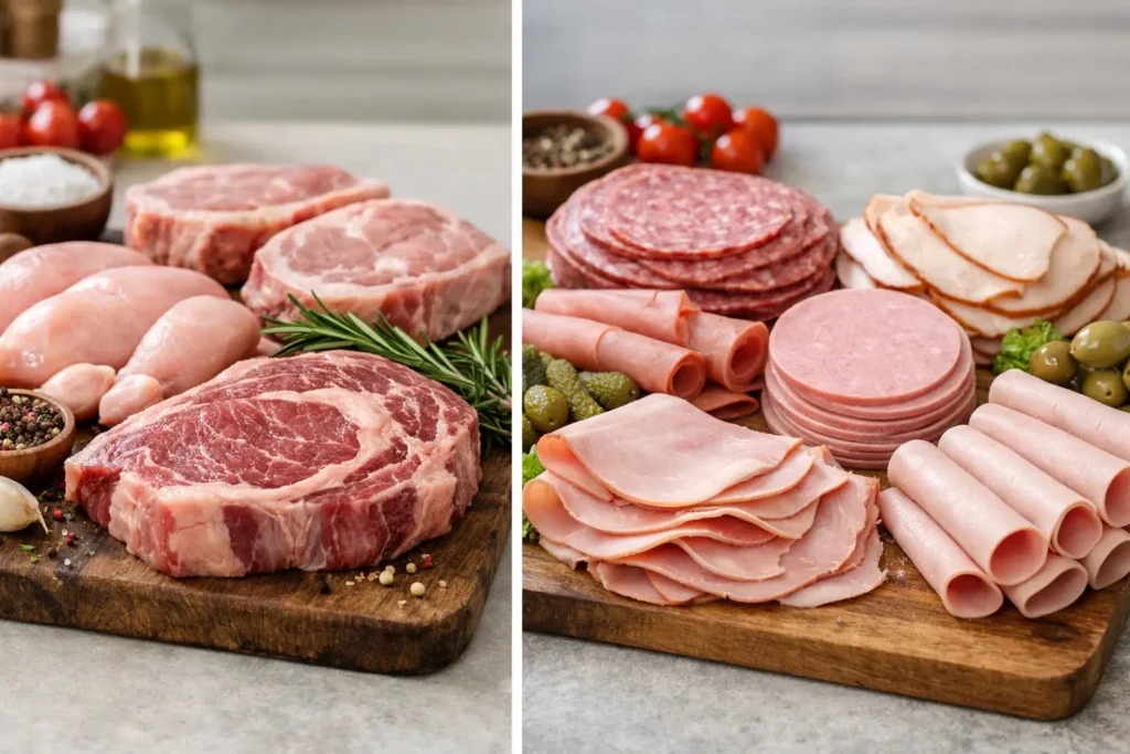 Side-by-side comparison of fresh raw meat and processed deli meat