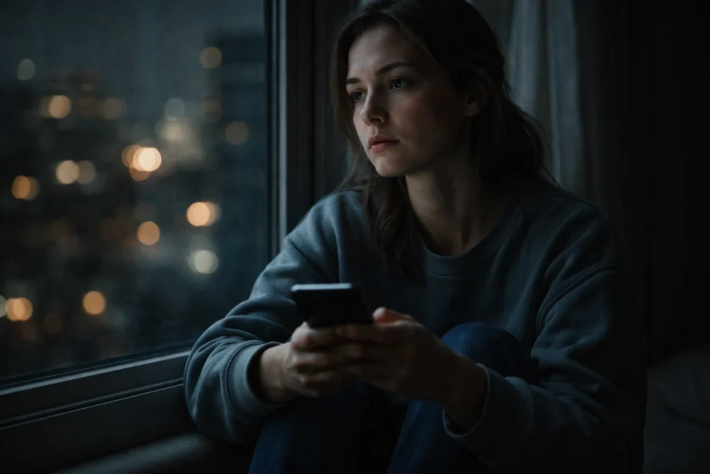 Person sitting by a window at night, holding a phone and waiting for a reply, showing emotional attachment and inner restlessness
