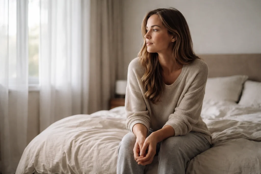 Woman sitting quietly on a bed in the morning, reflecting and feeling stuck in life during a period of transition and self-awareness