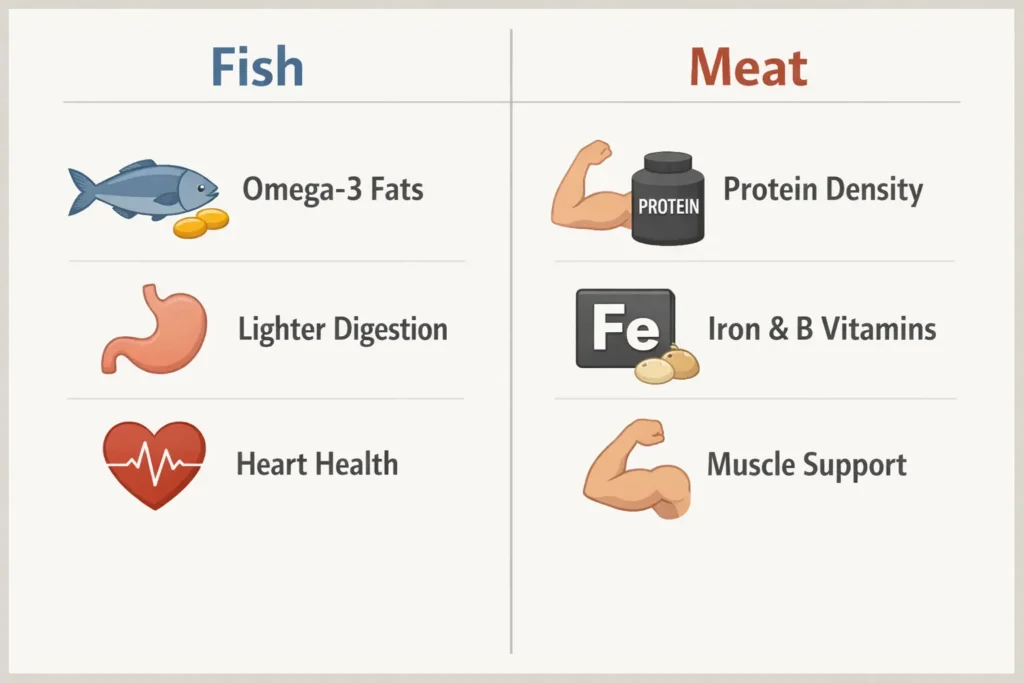 Is fish healthier than meat comparison showing fish benefits like omega-3 fats and heart health versus meat benefits like protein density and iron