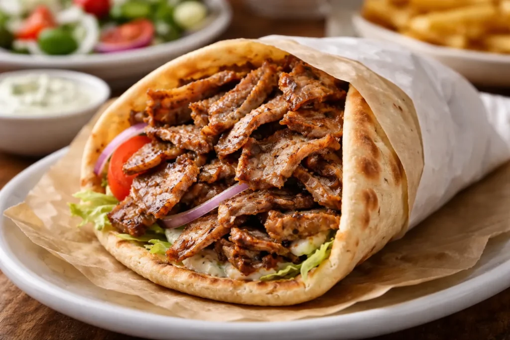 Gyro meat wrapped in pita bread with sliced onions, tomato, and yogurt-based sauce