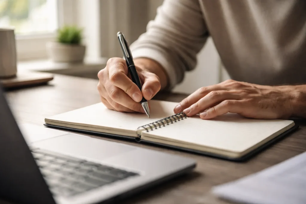 Person writing goals in a notebook at desk, representing practical steps for feeling stuck in life