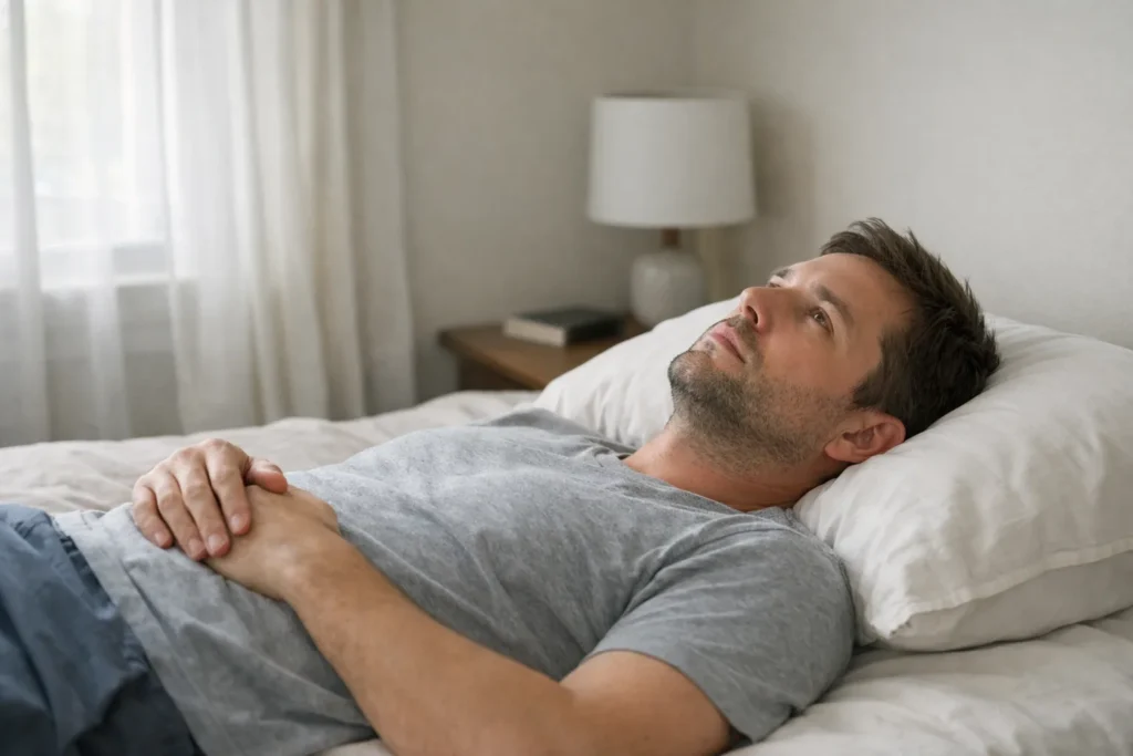 Man lying awake on bed thinking about how to stop overthinking