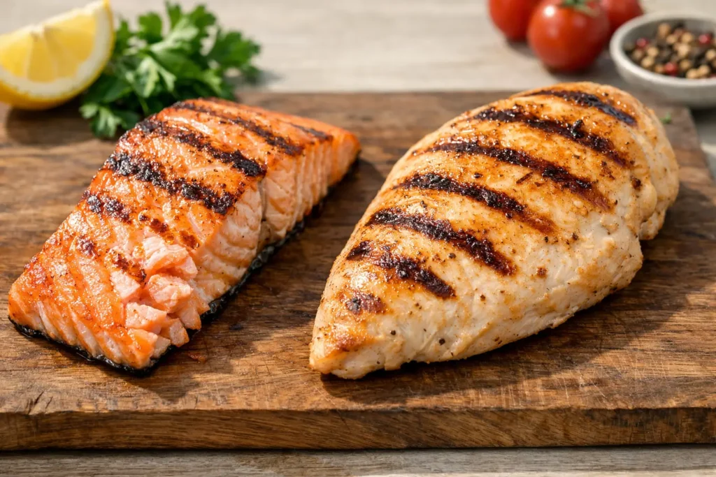 Is fish healthier than chicken? Grilled salmon and grilled chicken breast comparison on a wooden board