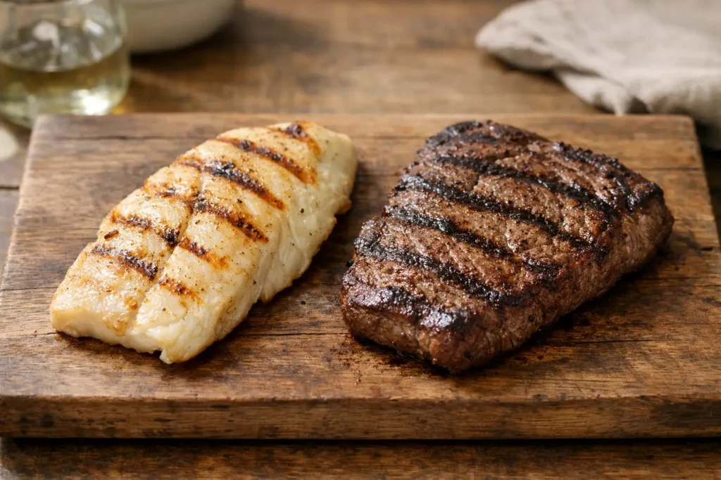 Is Fish Healthier Than Meat comparison showing grilled fish and grilled meat on a wooden board